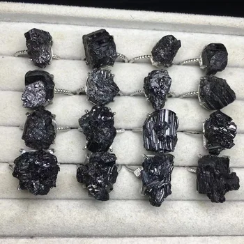 1 Pc Fengbaowu Naturlige Rå Grov Black Tourmaline Ring 925 Sterling Sølv Energi Krystall Healing Stein, Smykker Gave Menn Kvinner
