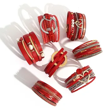 ALLYES Vintage Rødt Skinn Armbånd for Kvinner Hjertet Sirkel Perle Stein Crystal Flerlags Wrap-Armbånd Valentine ' s Day Smykker