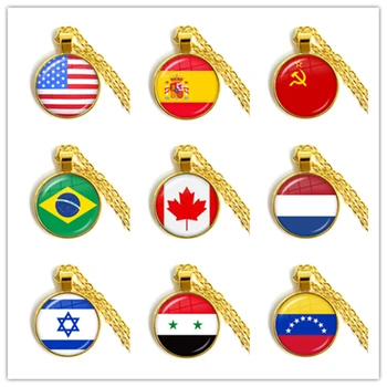 Sovjetunionen,Brasil,Canada,Nederland,Israel,Syria,Venezuela,Usa,Spania Nasjonale Flagg Glass Cabochon Anheng Halskjede