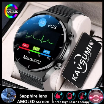 Safir Glass Ny, ikke-invasiv blodsukker EKG+PPG Smart Watch Menn hjertefrekvens Blodet Oksygen Helse Smartwatch Laser Terapi+ - Boksen