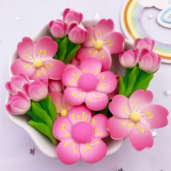 Harpiks Kawaii Fargerikt Malt Cherry Blossoms Lotus Flatback Stein Utklippsbok Figur 10PCS DIY Bue Innredning Tilbehør Håndverk OM4