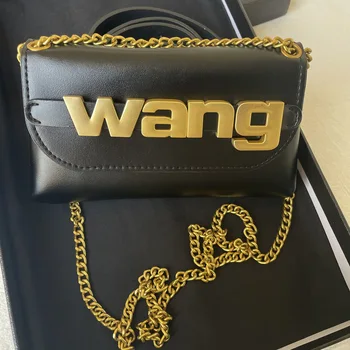 Wang Metall Logo Chain Svart Bag For Kvinner Små Crossbody-Skulder Mobile Lommeboken Mini Dame Mote Luksus Merkevare, Designer Sac