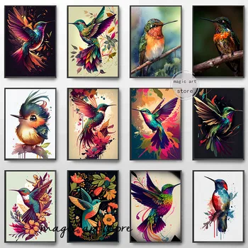 Fargerike Akvarell Stil Flyr Hummingbird Gutt Fugl Blomster Art Plakat Lerret å Male Veggen Skriver ut Bildet for Rom Hjem Innredning