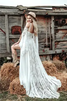 Hippie Hekle Blonder Brudekjole 2023 Med Slit Sexy Ryggløse Elegante Sivile Bohemske Bydelen Wedding Kjoler Med Ermer Romantisk Bride