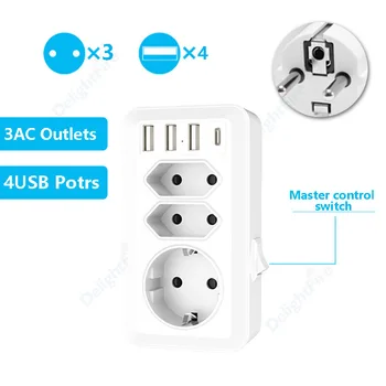 EU-Stikkontakt Med USB Og 3 AC-Uttak for Strøm Converter Swtich Kontroll 100-240V 16A Stikkontakt Standard Adapter Extension