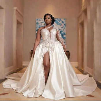 Dubai-Afrika Princess Wedding Kjoler Full Ermer Hvit Appliques Mermaid Bridal En Skulder Brudekjole Med Avtagbar Tog