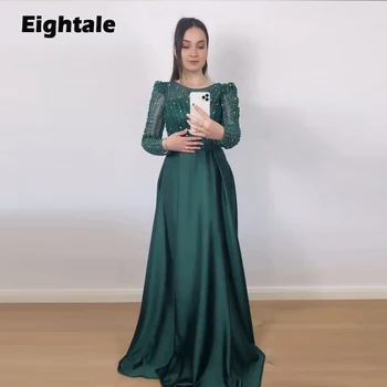 Eightale Vintage Kjole til Bryllup Beaded Lange Ermer Mermaid Satin Mørk Grønn arabisk Prom Kjoler Kjendis Kle