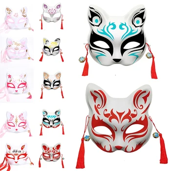 Anime Fox Maske Håndmalte Japansk Halve Ansiktet Katt Maske Masquerade Festival Ballen Kabuki Kitsune Masker Cosplay Kostyme Fest Prop