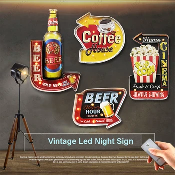 Iskald Øl LED Neon Lys Tegn Vintage Metall Tegn Bar Cafe, Kino Popcorn Reklame Skilt Natt Registrere Fjernkontrollen N386
