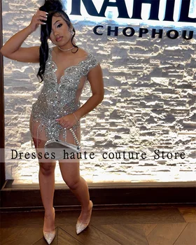 Luksus Sølv Kort Mermaid Prom Kjoler 2023 For Svarte Jenter Sexy Beaded Krystaller Cocktail Kjoler Birthday Party Kjoler
