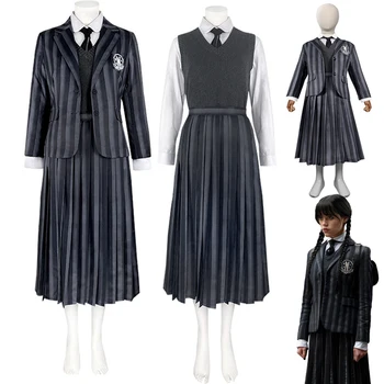 Onsdag Addams Cosplay Kostymer Addams onsdag Skole Uniform Jakke Vest Skjorte Skjørt for Barn Voksen Halloween Antrekk
