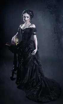 Svart Goth Viktoriansk Mas Prom Kappe av Skulderen Blonder-up Korsett Steampunk Gotiske beiset mørk Viktoriansk Kjole