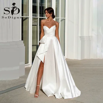 SoDigne Moderne, Elegante, Side Split Sexy Bryllup Gowns Kjærester Folder Brude Gowns Skreddersydde Satin Kjole Bruden