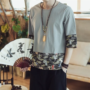 Sommeren 2022 Vintage Skjorter Broderi Kinesisk Topp Bomull Karpe Kung Fu Hanfu Tradisjonelle Kinesiske Klær for Menn Bluse