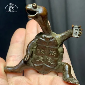 Antikk Kobber Heldig Turtle Liten Statue Dusj Ornament Dyr Figurer Miniatyrer Hjem Feng Shui Dekorasjoner Håndverk Tilbehør