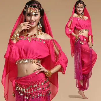 Bollywood Dance Kostymer Indian Belly Dance Kostymer Sett For Kvinner Chiffon Bollywood Orientale Magedans-Drakt Satt For Kvinne