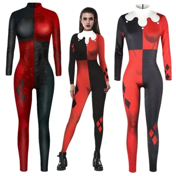 Harleen Quinzel Superhelt Jumpsuit Catsuit Sexy Kvinner Cosplay Kostymer Til Halloween Bodysuit