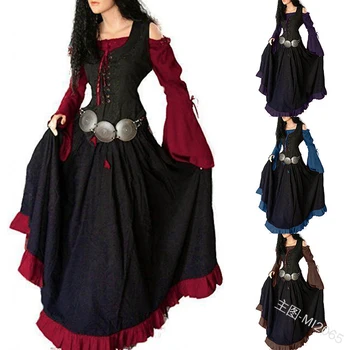 Kvinners Middelalderske langermet Kald Skulder Maxi Dress Vintage Gotisk Stil To-tone Patchwork Kjole Corset Lace Opp Gulvet kjole