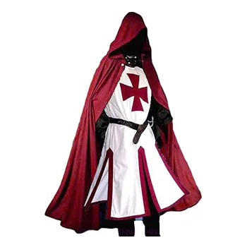 Mens Middelalderens Crusader Knights Templar Tunika Renessanse Kostymer til Halloween Surcoat Kriger Black Plague Kappe Cosplay Topp S-3XL