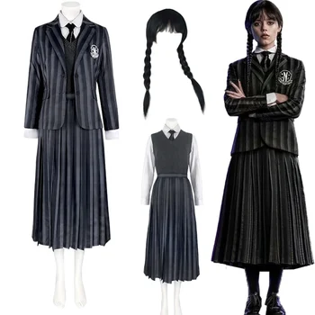 Onsdag Addams Cosplay Kostyme Skolepike Nevermore College Skole Uniformer Parykk Stripet Vest Skjorte Pels Passer Halloween Fest