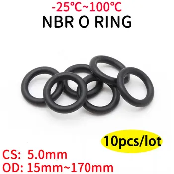 10pcs NBR O-Ring Tetning Tetning CS 5 mm OD 15~170mm Nitril-Butadien Gummi Spacer Olje Motstand Skive Rund Sort