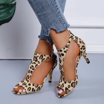 2023 nye sommer mote stiletto fisk sexy høye hæler kvinne pluss størrelse leopard print posen lukket tå, hæl høy hæl sandaler