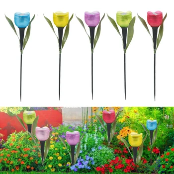 1Pcs Hage Tulip Blomst Form LED Solcelle-Vanntett Rør Plen Lysene Står Dekor for Verftet Utendørs Fest xqmg