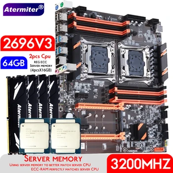 Atermiter Dual X99 Hovedkort Med LGA 2011-3 XEON E5 2696 V3*2 Med 4stk X 16 GB = 64 GB DDR4 3200MHz Server Minne Combo Kit