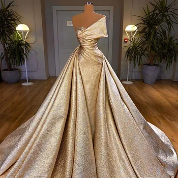 Sharon Sa Dubai Gold Havfrue Kjole med Overskirt Luksus Lang Promenadekonsert Formelle Kjoler Svarte Jenter Bryllup GownsSS297