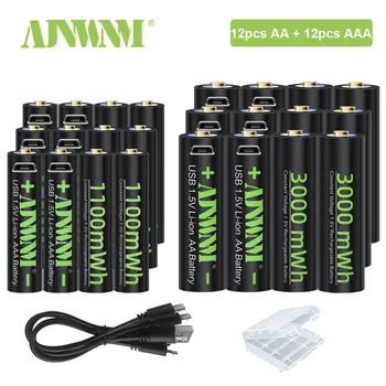 AJNWNM 1,5 V Li-ion-AAA USB-Oppladbare Batterier 1100mWh + AA 1,5 V USB-AA Oppladbare Batteriet 3000mWh med USB-Kabel