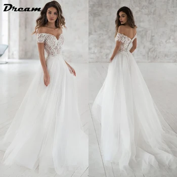 DRØM Av Skulderen Beach Wedding Dress 2023 V-Hals Appliqued Bruden Kjoler Boho Elegante Blonder Brude Gowns Bohemian