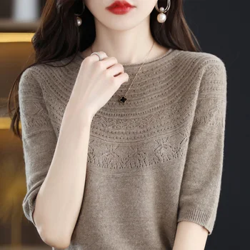 100% ren ull kvinners genser kort-sleeved strikket O-hals genser kvinner er halvparten-sleeved koreansk løs kvinners mote toppen