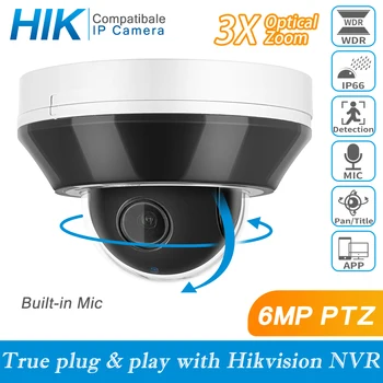 Hikvision Kompatibel 6MP HD POE IP PTZ Dome-Kamera Utendørs Innebygd Mikrofon 3X Zoom Sikkerhet CCTV Video-Overvåking Cam H. 265 IP66