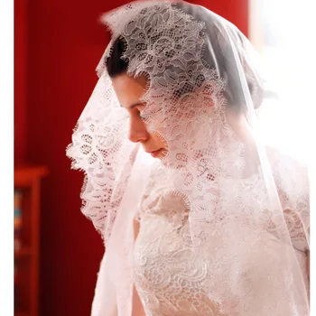 Hvite romantiske sjarmerende full blonder brude slør 2023 nye katedralen bryllup tilbehør-slør mariage