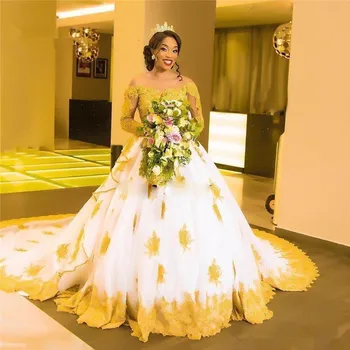 African Black Jenter Hvit med Gull Lace Wedding Kjoler 2023 Lange Ermer Beaded Appliques Hud Tyll Lange Ermer Brude Gowns