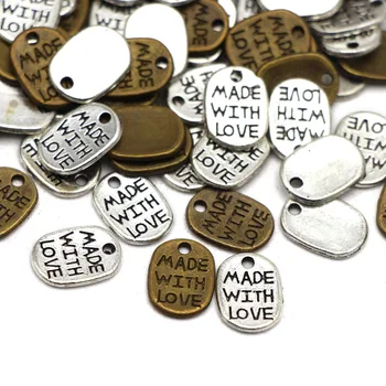 50pcs Laget Med Kjærlighet Metall Etiketter Vintage Brev Charms Håndlagde Smykker Håndlaget Koder DIY Smykker å Gjøre Funn 8x11MM