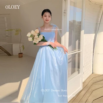 OLOEY 2023 Enkel Skinnende Silke Organza Baby Blue Lang Kveld Fest Kjoler Korea Lady Stropper Snøre Tilbake Formelle Prom Kjoler