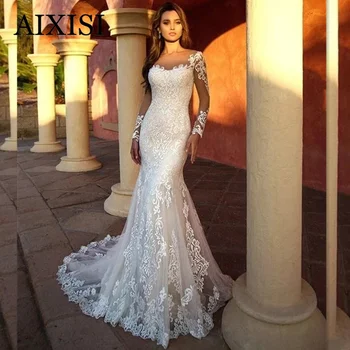 AIXISI Elegante Mermaid Wedding Dress Full Ermer Kjæreste Vestidos De Novia Blonder Tyll Appliques Kappe De Mariee 2022 Ny