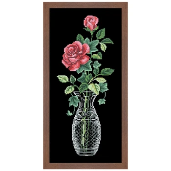 Rose i en vase aida-stoff cross stitch kit 18ct 14ct 11ct svart stoff bomullstråd hånd broderi DIY håndlaget håndarbeid