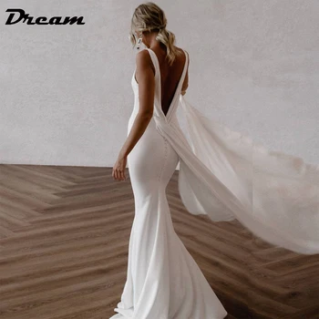 DRØMMEN Dyp V-Hals Crepe Avtagbar Tog Mermaid Wedding Dress 2023 Vanlig Ermeløs Åpne Tilbake Enkle brudekjoler Elegant