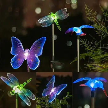 Solar Solar LED Staven Lys Utendørs Dragonfly Butterfly Fugl Plen Lamper Utendørs Hage Plen Landskapet Veien Lys