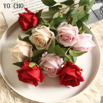 YO CHO Falske Rose Blomst Kunstig Silke Blomster DIY Bryllup Brud Bukett Burgund Champagne Rose Blomst Arrangement Hjem Innredning