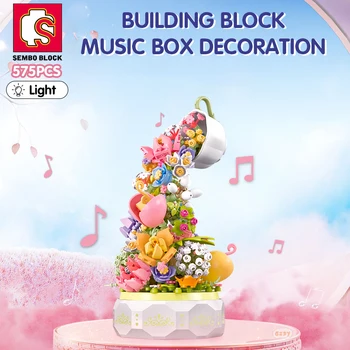 SEMBO BLOKKERE 575pcs Teacup Blomst Belysning Music Box Building Block Hjem Innredning Anime Kreative Gave Leketøy For Barn Voksne