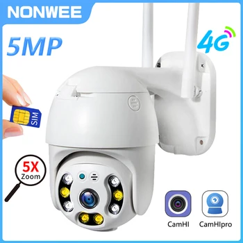 4G-SIM-Kort Video overvåkingskamera 5MP Smart PTZ Utendørs CCTV Wireless Home Security 5X Optisk Zoom Night Vision Camhi APP